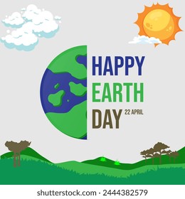 Happy Earth Day 22nd April Modern Vector Illustration. Editable EPS file with sun, clouds, grassy field, trees and a semi Earth.