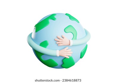 Happy Earth Day. 3D cartoon hand hugging the earth. World environment day concept, save the earth, protect the environment and green life, 3D illustration.