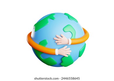 Happy Earth Day. 3D Cartoon Hand umarmt die Erde. Speichern Konzept des Weltumwelttages, die Erde, die Umwelt schützen und das grüne Leben, 3D-Illustration.