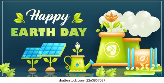 Happy Earth Day. 3d vector solar panel, Plant Watering, factory waste and nature