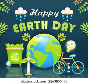 Happy Earth Day. 3d vectors of earth, windmill, trash can, bicycle and lamp