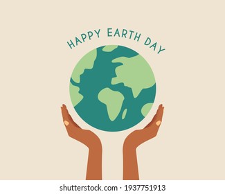Happy earth day. African hands holding globe, earth. Earth day concept.Modern cartoon flat style illustration