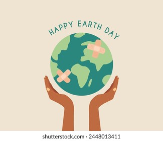 Happy earth day. African hands holding globe, earth with band aid. Earth day concept.Modern cartoon flat style illustration
