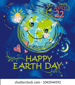 Happy Earth Day. April 22. Happy planet smiles. Earth Day vector cartoon illustration.