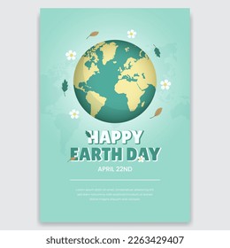 Happy Earth day April 22 flyer with globe flowers and leaves illustration design