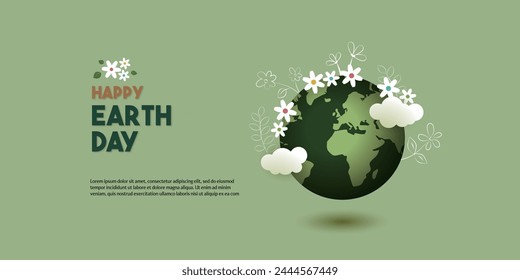 Happy Earth day April 22 banner with globe on flowers