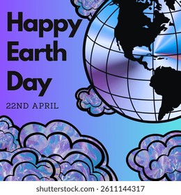 Happy Earth Day, April 22nd. Abstract vector illustration of clouds and round earth. Colorful holographic elements on blue purple gradient color background. Colorful graphic elements like rainbow