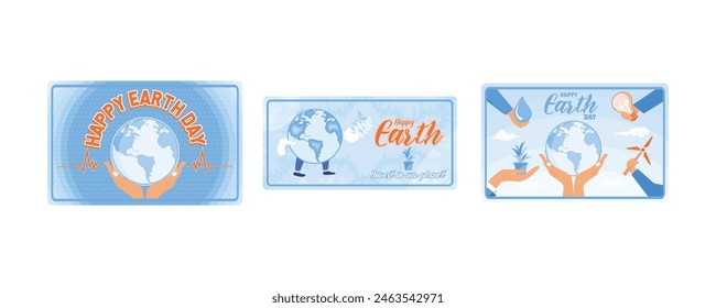 Happy earth day. arth day concept. Human Hands Holding Globe, Sprout, Wind Power Wheel, Water, And Light Bulb. Set flat vector modern illustration 