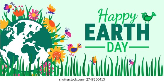 Happy Earth Day  background, banner or poster design template. White Graphic with Bold Green and Pink Typography, a Global Map Surrounded by Sunflowers, and Whimsical Bird and Ladybug Illustrations for Environmental Awareness.