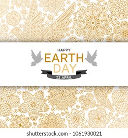 Happy Earth Day background. Good design template for banner, greeting card, flyer. Ornamental birds dove, sparrow and flowers. Vector illustration. 