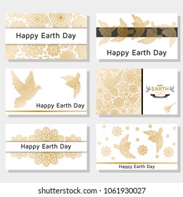 Happy Earth Day background. Good design template for banner, greeting card, flyer. Ornamental birds dove, sparrow and flowers. Vector illustration. 