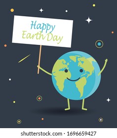 Happy Earth Day background or greeting card with smiling globe character holding placard with text, space stars, planets