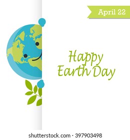 Happy Earth Day background with planet Earth and green leaves, isolated on white, vector illustration