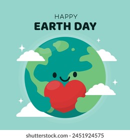 Happy Earth day background vector. Save the planet concept with cute hand drawn world character holding red heart. Mother Earth day environment flat design illustration for cover, poster, print.