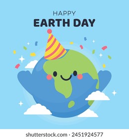 Happy Earth day background vector. Save the planet concept with cute hand drawn world character and birthday hat. Mother Earth day environment flat design illustration for cover, poster, print.