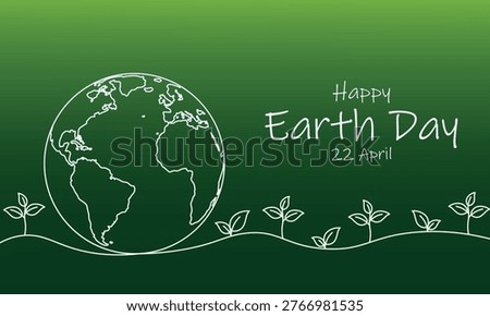 Happy Earth Day Background with white outlined earth and green gradient plants nature growth design. Save earth awareness on April 22 with eco friendly illustration, simple environment care concept