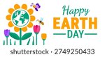 Happy Earth Day Banner, background or poster design. Vibrant Illustration of a Large Sunflower with a Global Map Center, Colorful Tulips, a Whimsical Butterfly, and a Bee on a White Background to Celebrate Environmental Protection.