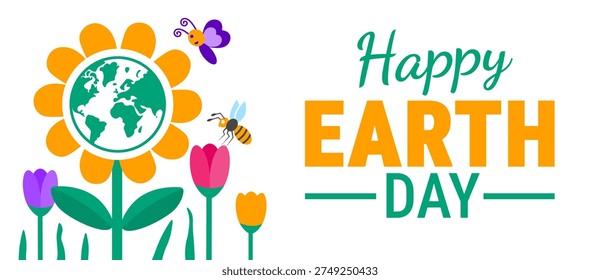 Happy Earth Day Banner, background or poster design. Vibrant Illustration of a Large Sunflower with a Global Map Center, Colorful Tulips, a Whimsical Butterfly, and a Bee on a White Background to Celebrate Environmental Protection.