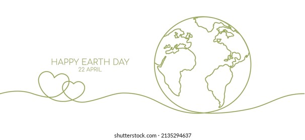 Banner del Día de la Tierra Feliz por un dibujo continuo de línea verde del corazón abrazo y mapa del mundo aislado en fondo blanco para banner en el concepto medio ambiente, ecología, eco-friendly