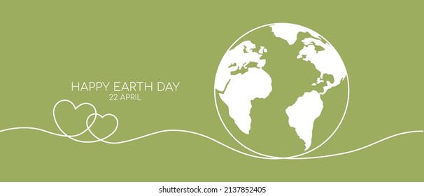 Banner del Día de la Tierra Feliz por un dibujo continuo blanco de una sola línea abrazo al corazón y mapa del mundo aislado en fondo verde para banner en el concepto medio ambiente, ecología, eco-friendly