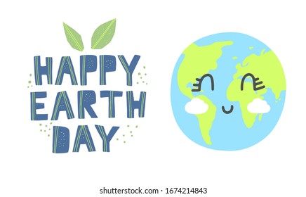 Happy earth day banner. Cartoon cute earth with happy expression. Happy earth day hand drawn lettering in modern paper cut style. Earth day kids concept.