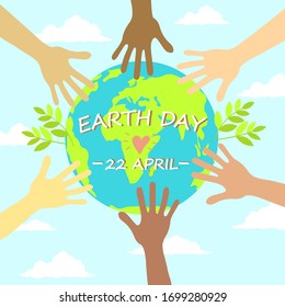 Happy Earth Day banner with colorful hands, globe and clouds. Vector flat illustration for eco social poster or card on the theme save the planet. Make every day earth day concent. 