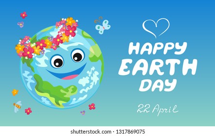 Happy Earth Day Banner. Cute smiling planet with wreath of flowers on blue background. Vector illustration in cartoon simple flat style.
