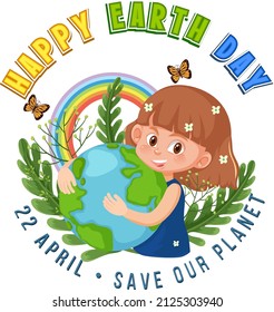 Happy Earth Day banner design with a girl hugging earth illustration
