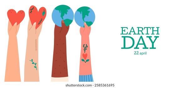 Happy Earth day banner with diverse people hand holding planet and heart. Environmental and eco-friendly concept. 