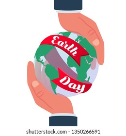 Happy Earth Day Banner.  Banner for environment safety celebration. Day of earth April 22 nd. Globe in hands with red ribbon. Poster for social media, web page. Vector illustration flat design.

