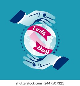 Happy Earth Day Banner.  Banner for environment safety celebration. Day of earth April 22 nd. Globe in hands with red ribbon. Poster for social media, web page. Vector illustration flat design.