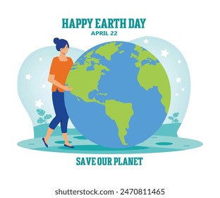 Happy Earth Day banner. Girl is hugging the planet. World environment day background. Save the Earth. flat vector modern illustration 