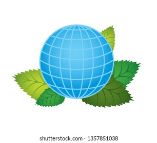 Happy Earth Day banner with globe and green leaves. World environment day background. Save our blue planet, ecology art concept. Go green, save energy. Eco friendly design. Flat vector illustration.