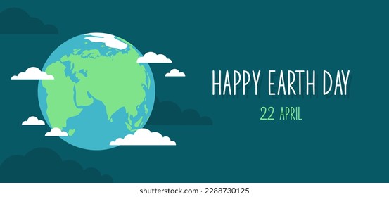 Happy Earth Day banner. Globe of the planet Earth with clouds around and typography on a dark blue background. Flat vector illustration