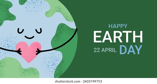 Happy Earth Day banner with green background. Cute cartoon Earth hugging heart. April 22 environmental awareness concept in flat style. Eco friendly holiday design.