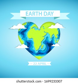 Happy Earth Day banner with Earth in heart shape and clouds on bright blue background. Vector illustration in 3D paper cut style. Save the planet concept. 22 april