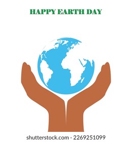 Happy earth day banner isolated on a white background, graphic element of earth day with human hand and world shape and world map, poster for happy earth day 22 april, vector art illustration