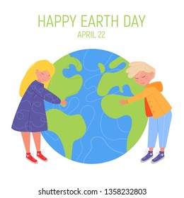 Happy Earth Day Banner. Little cute boy and girl are hugging planet. World environment day background. Save the earth. Green day. Vector illustration