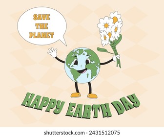 Happy Earth day banner with mascot character holding flowers and saying Save the planet. Retro poster. Template for holiday design. Vector illustration.
