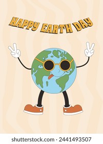 Happy Earth day banner with mascot character in sunglasses. Save the planet retro poster with lettering. Vector illustration.