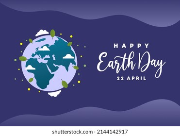 Happy earth day banner poster with blue globe on purple color celebration on april 22.