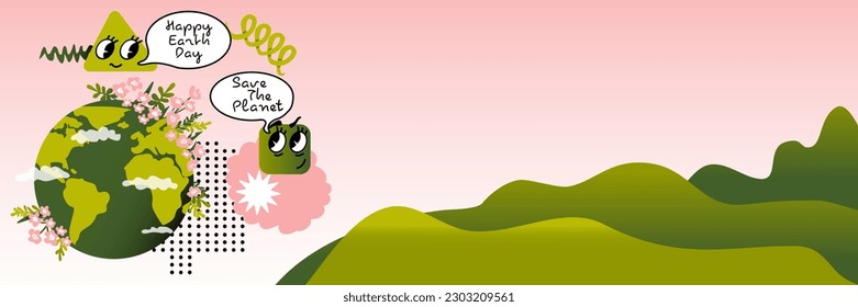 Happy Earth Day banner. Save the planet. Abstract doodle shapes. Planet Earth with clouds and blooming flowers. Concept of ecology and environmental protection. Vector border