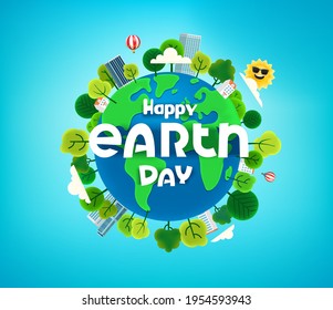 Happy Earth day banner with trees on the Earth. Cartoon style 3d vector illustration