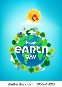 Happy Earth day banner with trees on the Earth. Cartoon style 3d vertical banner