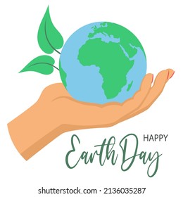 Happy earth day banner vector illustration. Human hand holding planet concept. World Environment and Planet Day, simple image with lettering