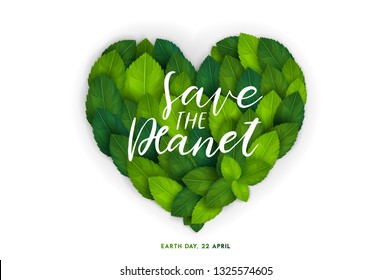 Happy Earth Day card, banner or flyer concept. Bright fresh 3d realistic green leaves in heart shape isolated on white background. Vector illustration