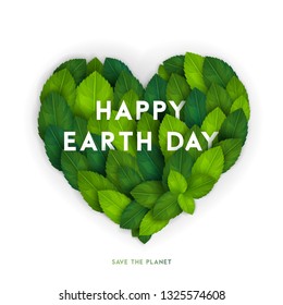 Happy Earth Day card, banner or flyer concept. Bright fresh 3d realistic green leaves in heart shape isolated on white background. Vector illustration