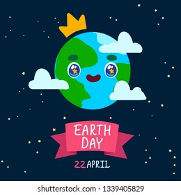Happy Earth day card. Earth Day Cartoon poster. Kawaii earth. Hand drawn lettering. Cute planet. Vector illustration. 