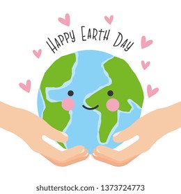 Happy earth day card with green cartoons vector digital image illustration