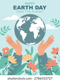 Happy earth day card with hands holding a globe with flowers. Illustration for Earth Day, banner.